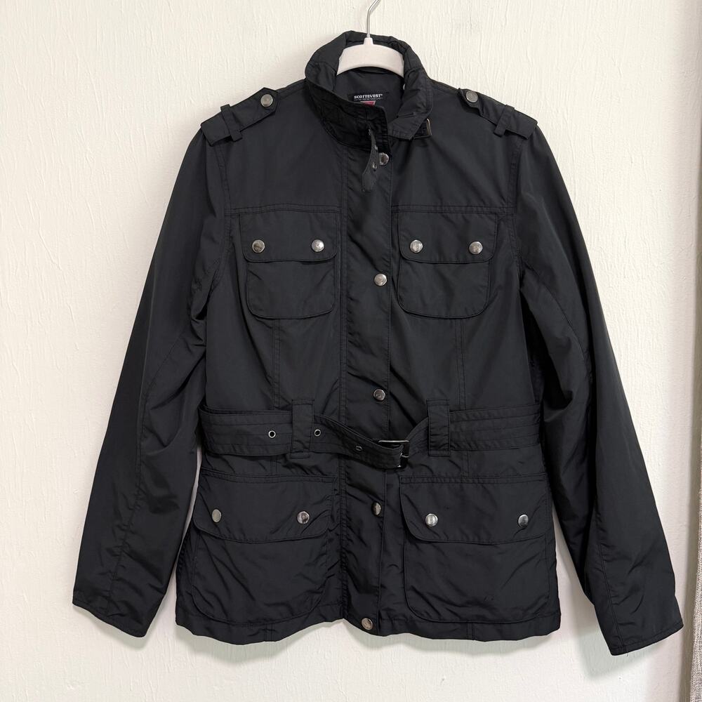 Scottevest Womens Molly Jacket M Black Belted Multi Pockets Travel Utility TEC